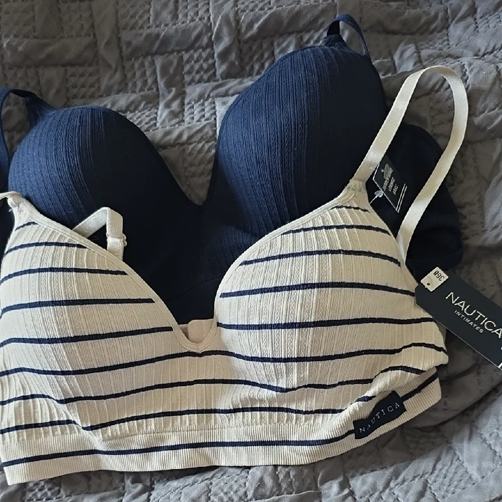 2 Pack Nautica Striped Cream & Navy Wireless Bralette Duo - Picture 1 of 4